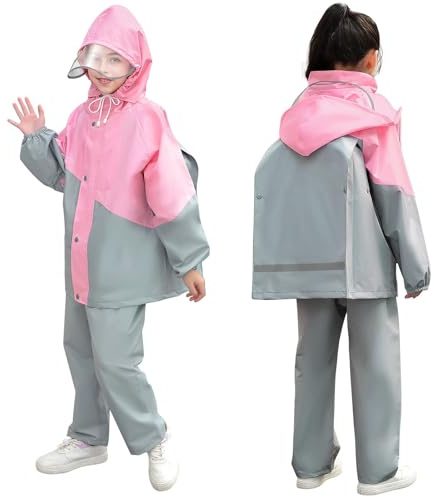 JinBei Traje Impermeable Niños Ligero Chubasquero Niña 2 Piezas con Capucha Impermeables Chaqueta y Pantalones Reflectante Conjunto Ropa de lluvia Infantil para Escuela Senderismo, 8-9 años