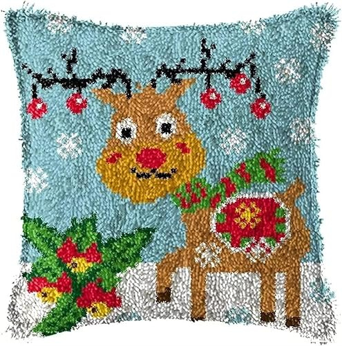 Latch Hook Kit for Adults & Kids, Complete DIY Cushion Making Craft Kits with Yarn & Canvas and Crochet Needle, Latch Hook Pillow Cover Adult Craft Kits Home Decor for Women - Cute Reindeer 43x43cm