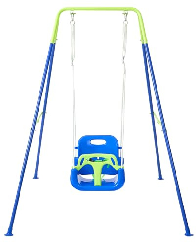 FUNLIO Toddler Swing with Foldable Metal Stand for Toddlers Aged 1~10 Years, 3-in-1 Baby Swing Set with 4 Sandbags for Backyard/Indoor/Outdoor Play, Easy to Assemble & Store - Bluegreen
