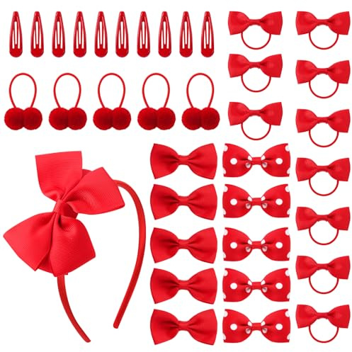 ViEinkaufen 36 Pcs Red Girls School Hair Accessories with Bow Headband,Clips&Elastic Bands Set for Girls Daily and Special Occasions