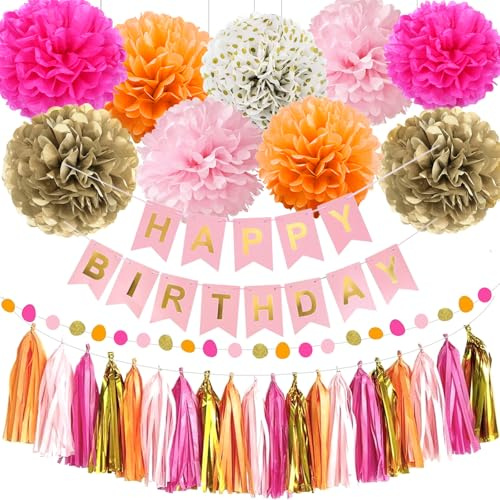 26 Piezas Decoracion Pompones, Pompones Papel, Decoracion Cumpleaños, Decoraciones Fiestas, Happy Birthday Bandera, Corona de Borlas, Fiestas Cumpleaños, Aniversarios, Carnavales, Fiesta Bodas