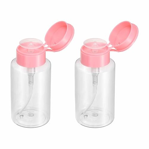 HARFINGTON 2pcs Push Down Pump Dispenser 7OZ (200ML) Plastic Nail Polish Remover Pumping Empty Bottle with Flat Flip Cap for Makeup Remover Alcohol Facial Toner, Pink