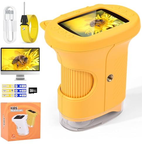 SCANTEE 1000 microscopio digitale per bambini, microscopio portatile per bambini con display IPS da 2,4, 8 LED, scheda di memoria da 32 GB e 6 vetrini, ricarica USB, regalo di compleanno per bambini