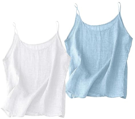 Lot de 2 Débardeur en Gaze de Coton et Lin Femme sans Manches Haut a Bretelles Grande Taille Col Rond Caraco Basique Ample Décontracté Chic et Élégant Vetement Ete Top Femme