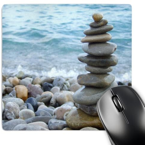 3dRose LLC 8 x 8 x 0.25 Inches Mouse Pad, Zen Stone Tower on Pebble Beach Peaceful Harmony Stacked Shiny Round Ocean Sea Rocks Balance (mp_157790_1)