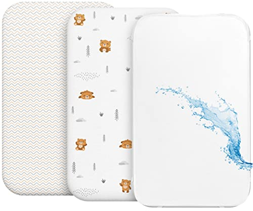 2X Spannbettlaken aus 100% Baumwolle mit Gummiband - 1X Matratzenschoner aus 100% wasserdichtem Material - 3er-Set - 55x90cm - Teddybär