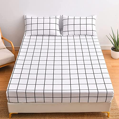 Marmor Spannbettlaken Microfaser Marmor Muster Spannbetttuch Weiche Mikrofaser Boxspringbett Bettlaken Geeignet Für Matratzen Von 25-30 cm (Kariert Weiß,120 x 200 x 30 cm)