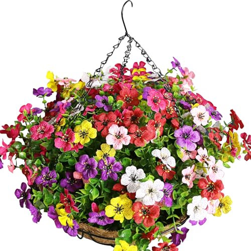 LARDUX Artificial Hanging Baskets with Flowers - 12 Inch Fake Flowers in Hanging Basket for Outdoors Garden Patio Porch Deck Yard Decoration-DIY Assemble it yourself