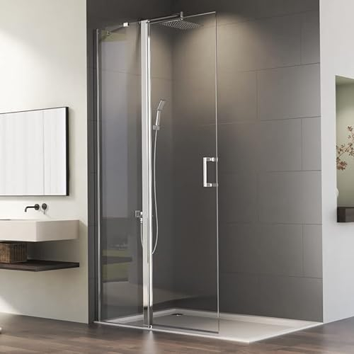 Walk in Schwingtür Duschkabine 120x185cm Walk-in Duschwand Falttür mit fester Segment, Faltbar Dusche mit 6 mm Nano ESG-Sicherheitsglas, Begehbare Duschabtrennung Duschtür mit Teilschwenkung