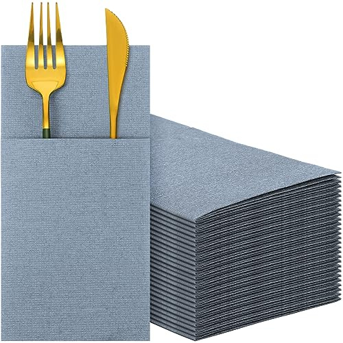 Qilery 150-Piece Disposable Napkins with Pocket, Dusty Blue, Paper, 15.6 x 16 inches, 2-Ply, Napkins, Dinner Napkins