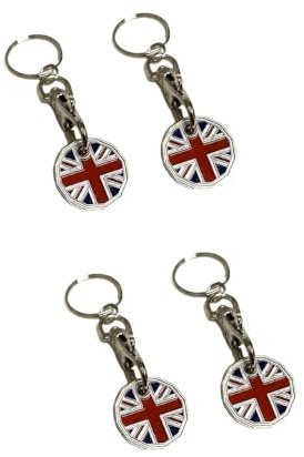PACK OF 4 - Union Jack Shopping Trolley Coin Keyring England Flag Trolley Coin Fob Token Britain Flag Supermarket Trolley Keychain Edge Shaped