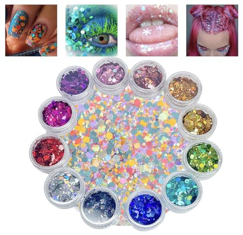 HISUNBEN 12 Colores Purpurinas Polvo, Chunky Glitter Flakes Paillette Brillante Decoración para Cara Maquillaje Pelo Arte Corporal Uñas y Mejilla