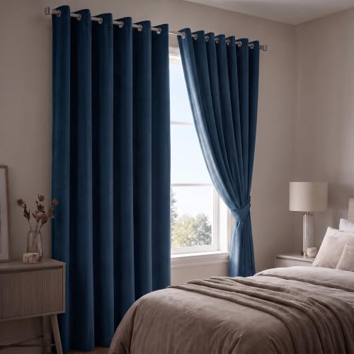 Opulent Dreams 90x90 Curtains Eyelet Velvet, 2 Panels - Navy | 2 Panels Room Darkening Navy Curtains, 2 Tie Backs 229x229cm Drapes for Luxurious Home - Crushed Velvet Curtains