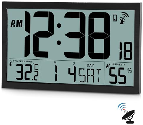 SZELAM Atomic Clock,16.7 Large Display Digital Wall Clock Battery Operated,Digital Calendar Auto Setting Desk Clocks with Indoor Temperature, Humidity,Date,Day,Auto DST for Elderly Bedroom Classroom