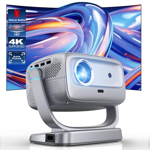 Bärbar WLAN-projektor med Bluetooth och WLAN: [Autofokus och Keystone/360°-stöd] Smart TV 4K-filmprojektor med Netflix-appar på 50 %