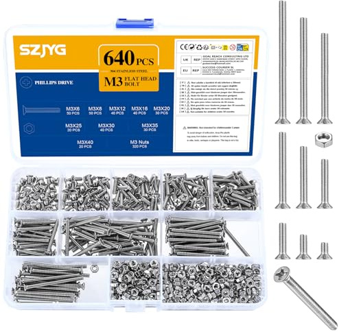 640 Pcs M3 Bolts Set, Countersunk Head Bolts and Nuts, Flat Head Screws, Stainless Steel Cross Machine Screws and Nuts Assortment Kit