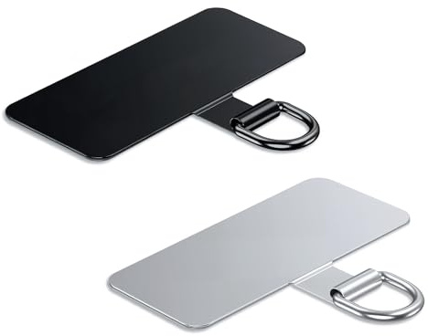 Lammcou Patch pour Lanière Téléphone, Pads en Acier Inoxydable pour Coque de Smartphone, Support Universel pour Housse & Bracelet Main Libre, Phone Tether Tab (2, Noir & Silver, 4.8 * 2cm)