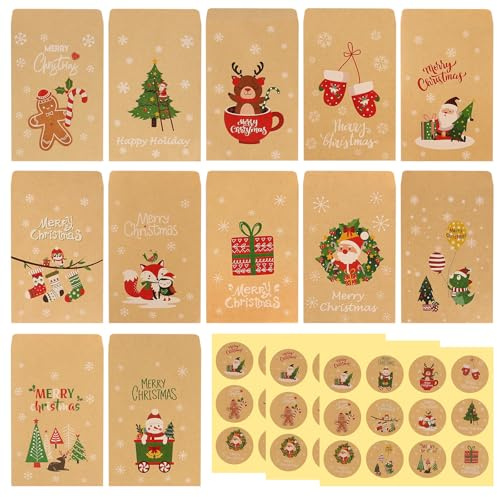 48 Pezzi Sacchetti di Carta Piccoli per Natale Mini Sacchetti Regalo di Natale 7,7x11cm Sacchetti di Carta per Natale con 48 Adesivi per Calendario Sacchetti per Biscotti Sacchetti per Dolci