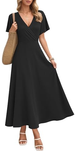 AUSELILY Maxi Dress for Women UK Short Sleeve Elegant Dress V Neck Sundress with Pockets