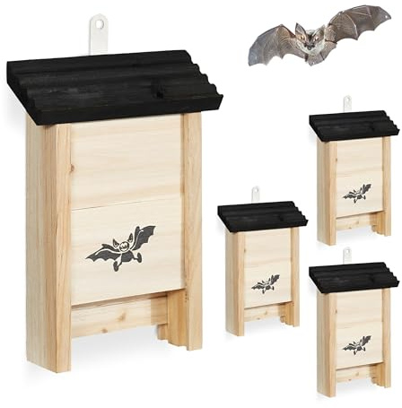 Relaxdays casetta Pipistrelli Set 4 rifugi in Legno Naturale/Nero Misure 25x18x6 cm