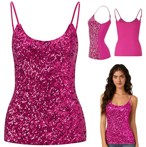 MUNSKT Women's Sequin Party Tops, Adjustable Straps Daily Halter Tank Tops Sleeveless Glitter Camisole Vest Blouse Tshirts for Night Club Party Performance Costume Tops