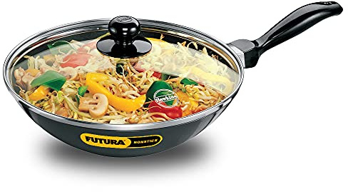 HAWKINS Futura NDL20G Non-Stick Deep-Fry Pan(Kadhai) 2.0 Litre with Glass Lid and Flat Bottom, 10.23 in, Gray