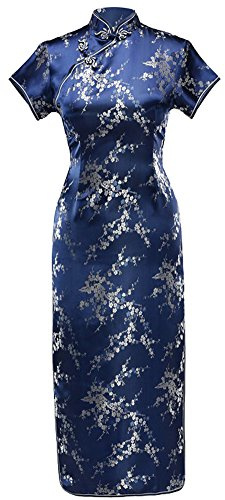 7Fairy Women's VTG Navy Blue Floral Long Chinese Prom Dress Cheongsam Size 10 US