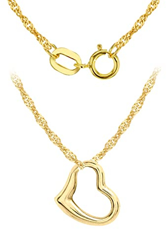 CARISSIMA Collar de mujer de oro amarillo 9 Quilates con colgante en forma de corazón 12X14 mm y cadena tipo Singapur. Longitud 41 cm y ancho 0.9mm.