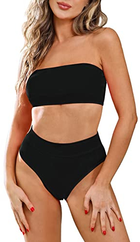 Viottiset Maillot de bain taille haute avec bretelles amovibles pour femme - Noir, Taille S