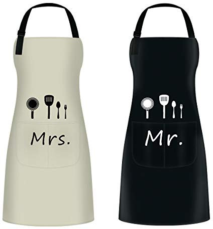 Mr. & Mrs Küchen schürze, Kochschürze mit verstellbarem Nackenbügel und 2 Taschen, können für Grillabende von Männern und Frauen im Garten verwendet werden