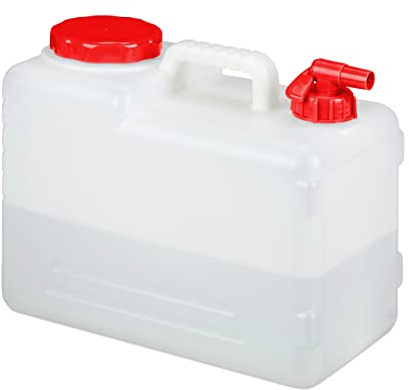 Relaxdays Wasserkanister mit Hahn, Schraubdeckel, Trinkwasserkanister Camping, 15l Tank, BPA-frei, Kunststoff, weiß-rot