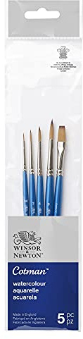 Winsor & Newton 5390609 Cotman akvarell syntetiskt hår 5 penslar i set – 4 rund pensel nr 00, 2, 4, 6 1 enlinjeborste 6 mm