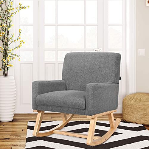 CASART Rocking Armchair, Upholstered Lounge Rocker Chair, Home Office Leisure Chair Padded Seat for Living Room, Bedroom and Garden, Grey