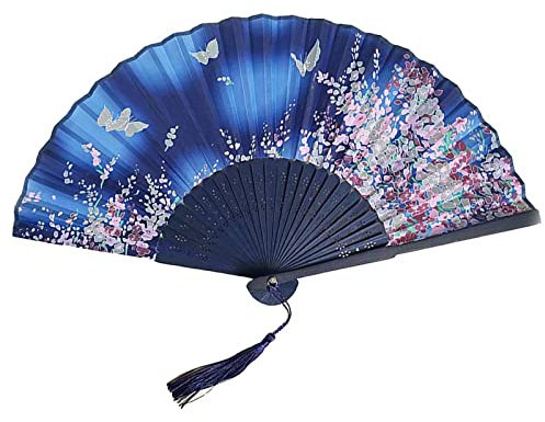 Abanico plegable de mano para mujer, abanicos plegables de bambú con borla, tela de seda, decoración de pared, boda, fiesta (azul claro)