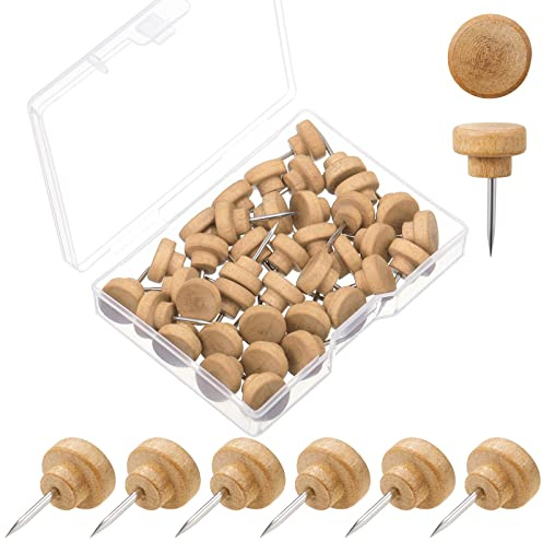 Gueevin 100 Pcs Wooden Push Pins Decorative Wood Thumb Tacks Map Tacks for Wall Hanging Bulletin Cork Foam Boards, Map Photos Calendar and Home Office Supplies with Box(Natural Wood)