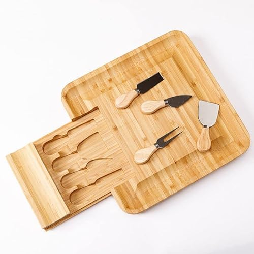 Tabla de Queso de bambú, Plato de Cena for el té de la Tarde con Juego de Cuchillos de Acero Inoxidable de Cuatro Piezas, Tabla de Queso de bambú, Platos de Madera