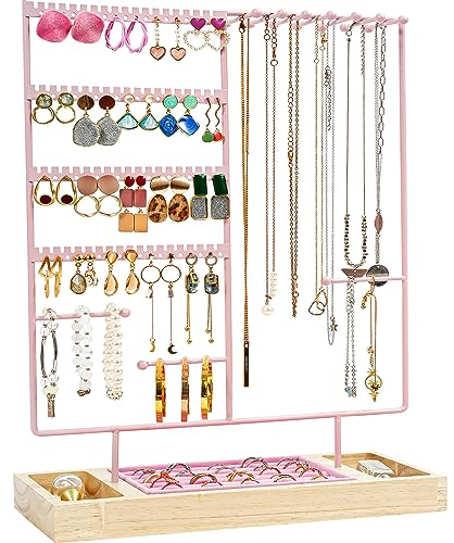 ProCase Jewelry Organizer Stand Earring Holder Organizer, 6 Tiers Earring Organizer Tree Necklace Rack Jewellery Tower Bracelets Holder Storage with Removable Wooden Ring Tray for Women Girls -Pink