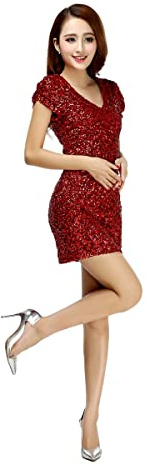 Grouptap - Robe courte à paillettes pour femme pour danse latine, manches courtes, pour filles, salsa, cha-cha, tenue élégante (UK Femme 4/6/8) (Rouge, XS)