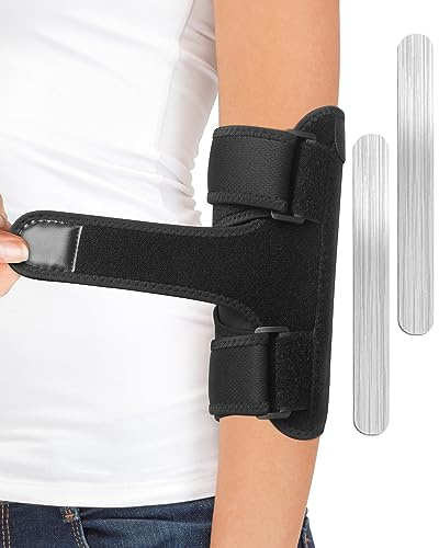 Elbow Brace with 2 Removable Metal Splint for Sleeping, Adjustable Cubital Tunnel Brace with Compression Sleeve for Tennis Elbow, Ulnar Nerve Brace Fit Women Men Relief for Arthritis, Tendonitis