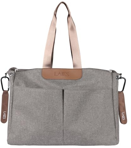 Große Wickeltasche - wasserdicht, verstellbar inkl. Wickelauflage, Kosmetiktasche, Haken für Kinderwagen, Organizer und Zubehör (Braun/Beige)