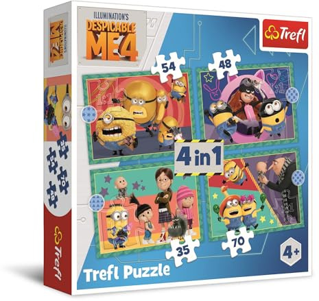 Trefl - Despicable Me 4, Minions délirants - Puzzle 4en1, de 35 à 70 Pièces - Puzzles Colorés avec Personnages de Bande Dessinée, Loisir pour Les Enfants à partir de 4 Ans
