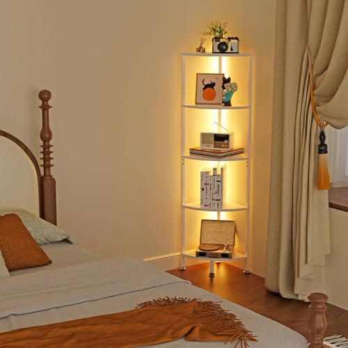 HaodaCulture Bücherregal, Eckregal Stehend mit 5 Ablagen, Eckregal weiß mit LED Beleuchtung, 140 cm Eck Bücherregal, bücherregal klein, Leiterregal, Aufbewahrungsregal, für Schlafzimmer, Büro
