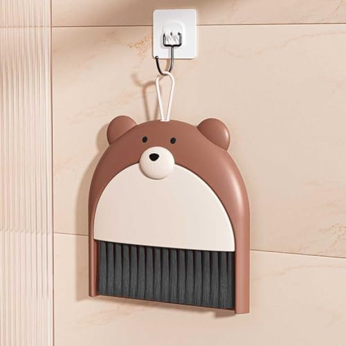 Queerelele Mini Besen und Kehrschaufel Set,Klein Tischbesen mit Schaufel,Esstisch Krümelkehrer Reinigungswerkzeuge,Cartoon Bär Muster,Handfeger und Schaufel,Cartoon-Minibesen für Haus, Büro, Schule