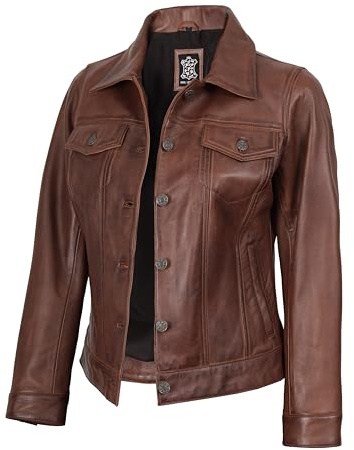 fjackets Veste en cuir pour femme - Véritable peau d'agneau décontractée pour femme - Style décontracté - Col de chemise