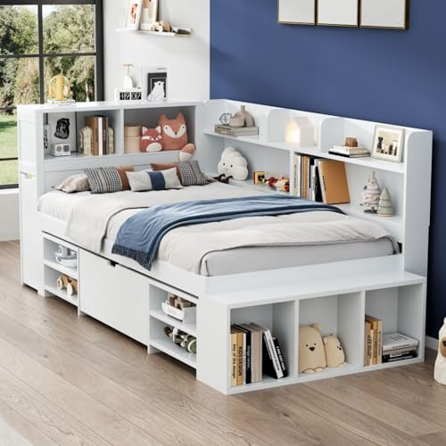 RIAZOS Children's Bed, Single Bed-3ft, Multifunctional Platform Bed with Drawers, Bookcase and Storage Cupboard, Large Storage Space, Slatted Frame, Without Mattress, White