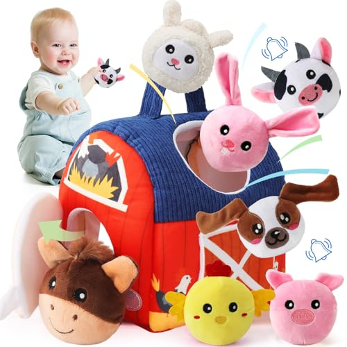 USHOP Jouet Bebe 6 Mois Animaux de la Ferme en Peluche,Jouet Peluche Bebe avec 7 Animaux et Miroir,Montessori Jouet Sensoriel Bebes avec Grange,Hochets,Cadeau Bebes Enfant 6 9 12 18 Mois Garçon Fille