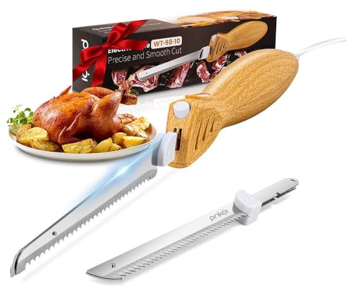 Prikoi Set di coltelli elettrici – Set di coltelli da intaglio con lama seghettata per carne, pane, tacchino, costolette, filetto, fai da te, manico ergonomico + 2 lame per cibi crudi e cotti (finto
