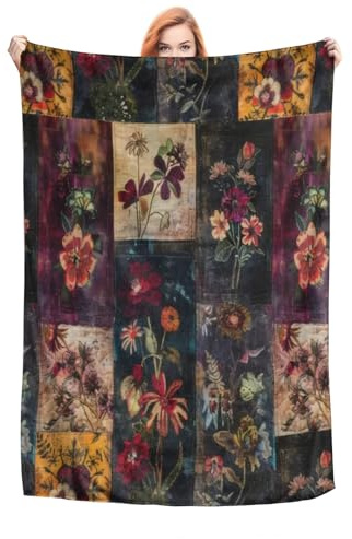 YUAOEUR Colorful Vintage Floral Blanket - Thick and Warm, Fluffy Flannel & Soft Blankets for Bed and Couch Throw Size 125cm x 150cm