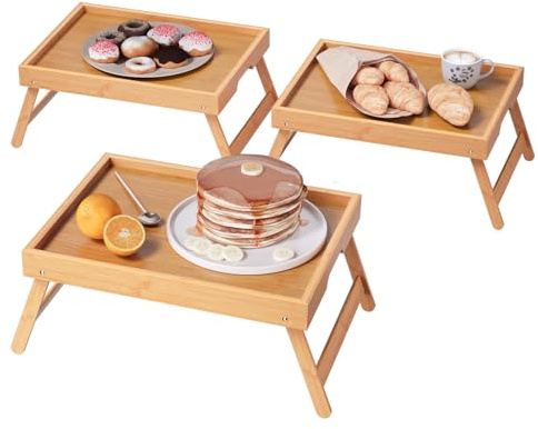 VERTORGAN 3 Pack Bamboo Bed Tray Table with Folding Legs,Breakfast Trays,Serving Tray,Laptop Tray for Working,Food Snack Tray for Bed and Sofa(Natural)