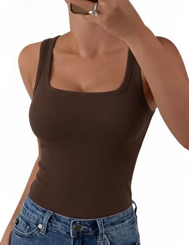 Aottori Camiseta sin Mangas Mujer Verano Cuello Cuadrado Tops Ajustado Elástico Camisetas Tirantes Elegante Punto Tank Top Sólido Básica Chalecos Top